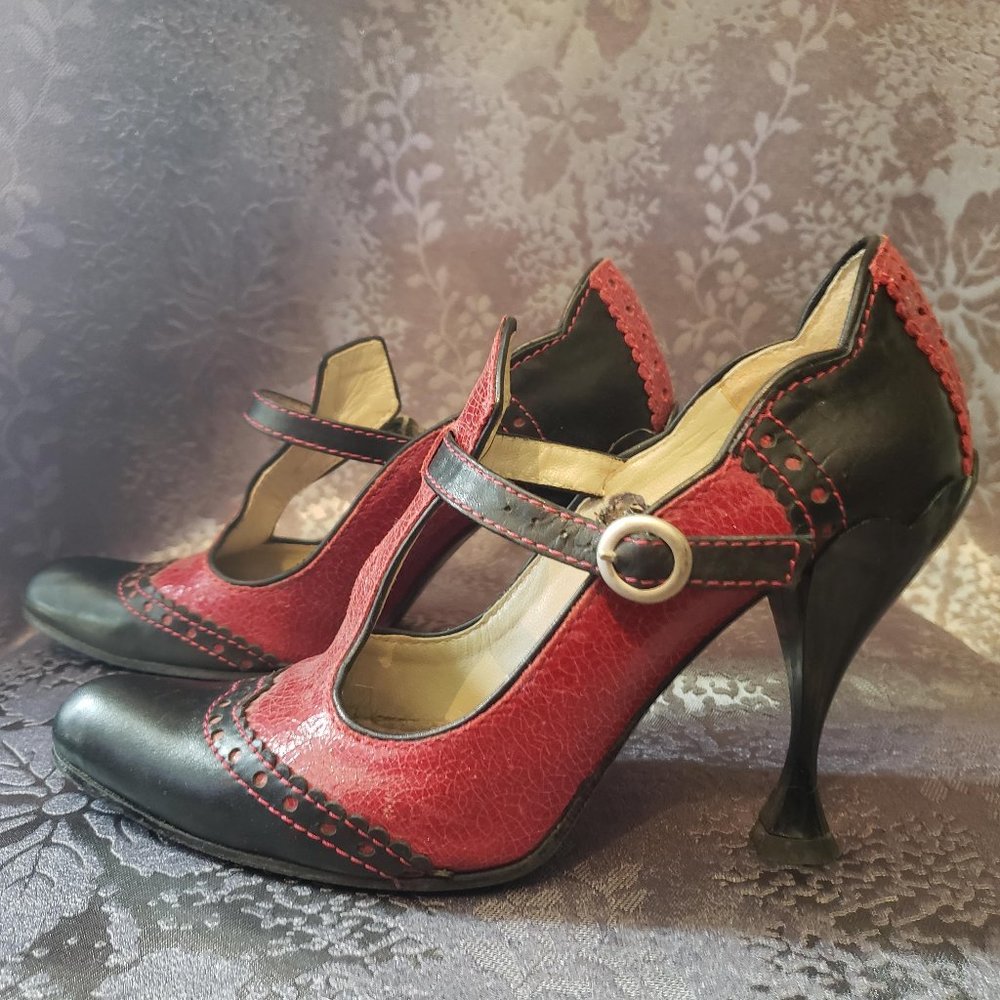 John Fluevog Black and Red T-Strap